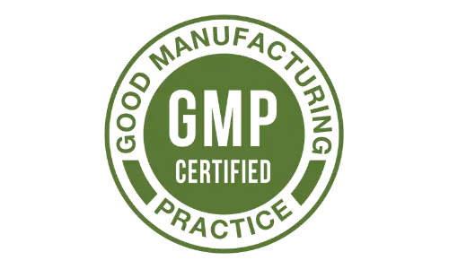 Green GMP Certified badge with the text 'Good Manufacturing Practice' in a circular design around the bold letters 'GMP Certified