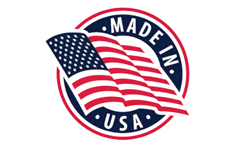 Made in USA badge featuring a stylized waving American flag inside a circular emblem with the text 'MADE IN USA
