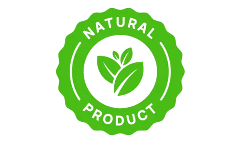 Green badge with the text 'Natural Product' encircling a graphic of three leaves, symbolizing a plant-based or organic product.