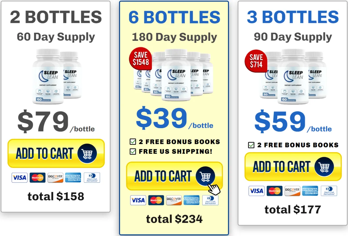 Sleep Lean supplement pricing table showing 2 bottles for $158, 3 bottles for $177, and 6 bottles for $234 with bonus books and free shipping.