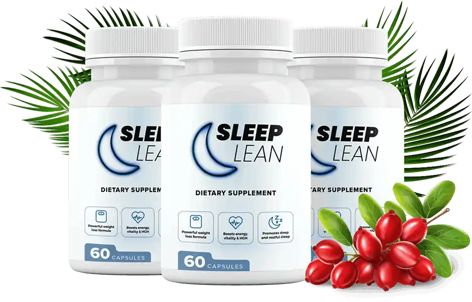 Three bottles of Sleep Lean dietary supplement with 60 capsules each, featuring icons for weight loss, energy boost, and improved sleep. The bottles are surrounded by green palm leaves and red berries.